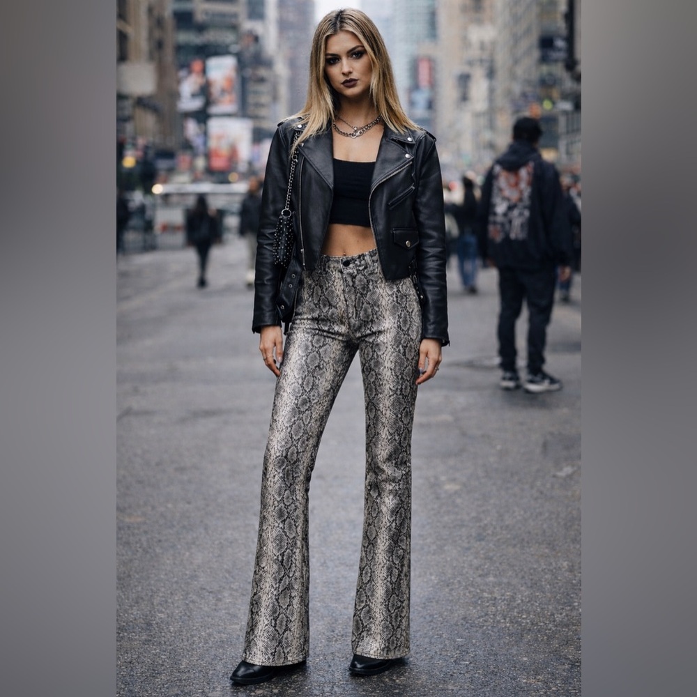 Current Air Los Angeles Snakeskin Print Flare Pants High Rise Festival